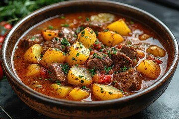savory beef stew with tender potatoes garnished with fresh herbs artistically arranged in a rustic bowl exuding warmth and comfort perfect for a hearty meal