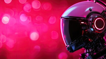 Fototapeta premium Futuristic robot helmet against a vibrant pink bokeh background.