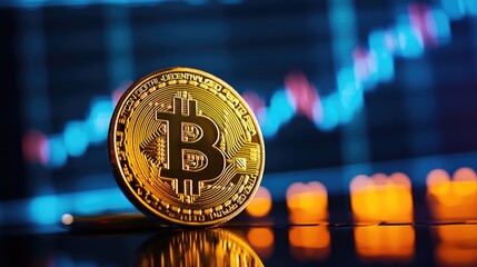 Golden Bitcoin on reflective surface with blurred financial chart in the background.