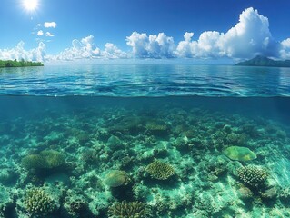 Naklejka premium split underwater view reveals a sunny sky above and tranquil sea below, highlighting the contrast between the two worlds, inviting exploration and adventure