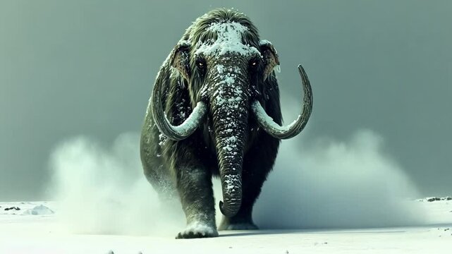 A majestic woolly mammoth trudges through a snowy landscape, evoking prehistoric imagery.