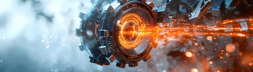 Futuristic Floating AI Gear with Glowing Data Streams - Innovative Concept Representing AI Integration and Business Growth on White Background for Tech Visuals in Stock Photography
