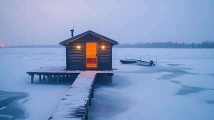 Cozy wooden sauna hut glowing warmly amidst a snowy winter landscape by a frozen lake with fishing boats
