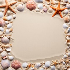 Obraz premium Sand and sea shells beach theme background isolated on white
