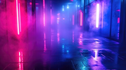 Dense fog enveloping a modern city at night with vibrant neon lights illuminating wet streets in a cyberpunk atmosphere