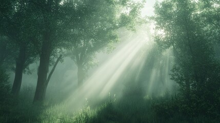Misty morning fog envelops a serene forest as sunlight breaks through tall trees, creating a tranquil atmosphere