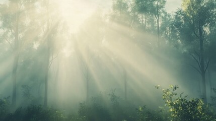 Morning fog envelops a tranquil forest with sunlight filtering through trees in a serene, misty atmosphere
