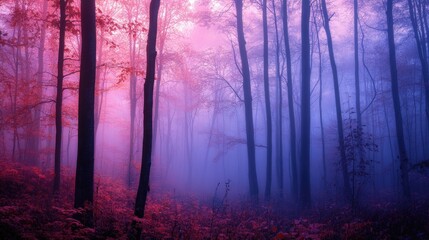 Obraz premium An enchanting twilight forest with soft mist and glowing pink and lavender skies showcases vibrant autumn colors