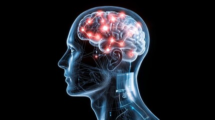 Obraz premium A human head with a transparent skull, showing the brains neurons linked with electronic circuits, visualizing advanced brain-computer interaction.