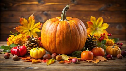 A Thanksgiving themed still life featuring a pumpkin, cranberries, nuts, cones, autumn leaves in shades of red, orange, and yellow are scattered around. On a wooden background with soft shadows