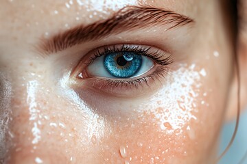 A woman with long eyelashes and blue eyes. The eyes are open and the woman has a wet face