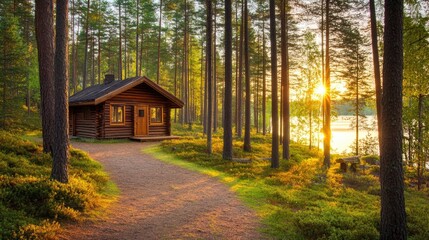 Charming Finnish wooden lakeside cabin surrounded by a serene forest at sunset