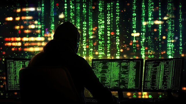 Silhouette of a hacker programming with green code on dark background