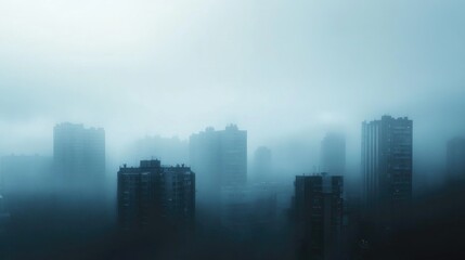 Fog shrouds a city skyline as tall buildings dissolve into the mist, creating a calm and moody urban atmosphere