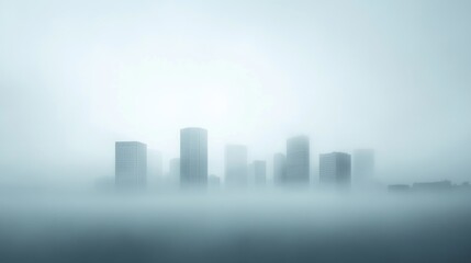 Naklejka premium Foggy city skyline with tall buildings disappearing into mist, creating a calm and moody atmosphere at dawn