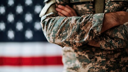 Fototapeta premium Soldier in uniform standing with arms crossed, American flag background.