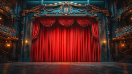 scene with a red curtain slightly ajar on a theater or cinema stage inviting anticipation and excitement for an upcoming performance