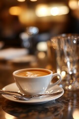 Fototapeta premium A white coffee cup with a swirl of cream on top sits on a saucer. A spoon is resting on the saucer next to the cup. The scene is set in a cafe, with a table and chairs visible in the background