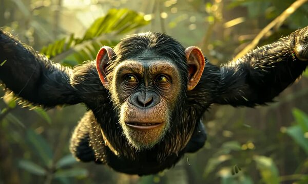 A monkey is flying through the air with its arms outstretched Video
