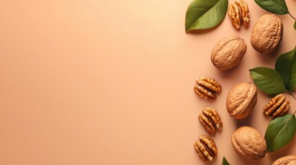 Walnuts with green leaves on a soft beige background.