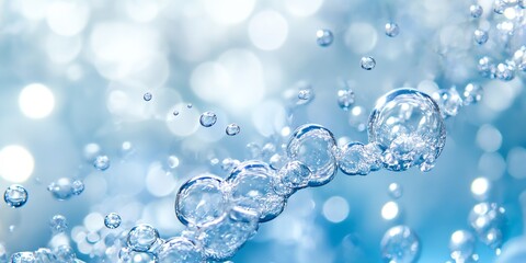 A blue background with many small, clear bubbles floating in the air. The bubbles are scattered throughout the scene, creating a sense of movement and energy. Scene is light and playful