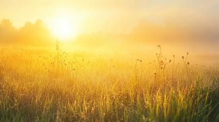 Fototapeta premium A tranquil foggy meadow at sunrise with dew-kissed grass illuminated by soft golden light