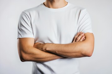 A man is wearing a white shirt and has his arms crossed. The shirt is plain and has no design or pattern. The man's posture suggests that he is confident and in control