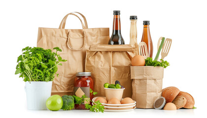 Eco-friendly food packaging, tableware, paper bags isolated on white background, eco products illustration.