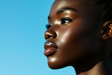 A woman with dark hair and a tan complexion is standing in front of a blue sky. She has a beautiful smile on her face