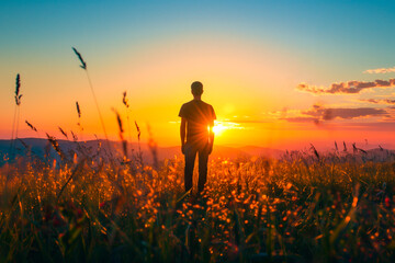 silhouette of a man in a field at sunset in the golden hour