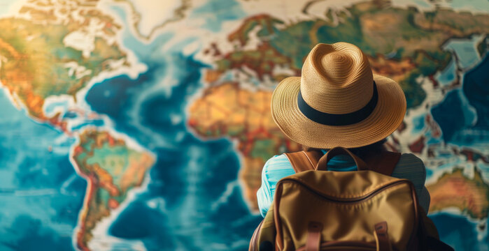 A person with a straw hat and a backpack looks at a large world map on the wall