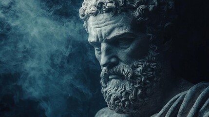 stoic hercules statue, powerful, strong, dark blue background