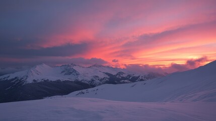 A serene twilight landscape over a majestic winter mountain range with vibrant pink clouds reflecting on snow-covered slopes