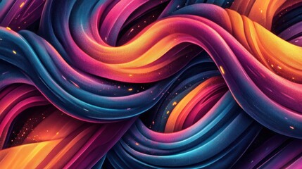 A vibrant abstract design featuring flowing waves in shades of blue, pink, and orange.