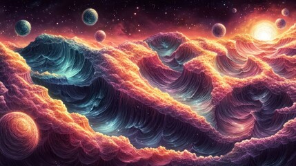 A vibrant cosmic scene depicting waves and planets in a surreal, dreamlike landscape.