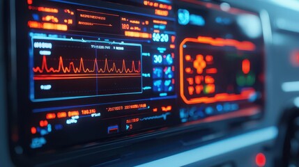 Futuristic ambulance with AI-driven medical diagnostics, glowing holographic screens displaying real-time patient data