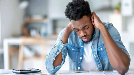 Man sitting at desk with forehead resting on clasped hands, eyes closed in deep thought, surrounded by financial documents and calculator, symbolizing stress and worry about money matters.