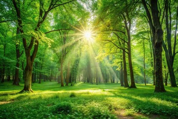 Obraz premium Green forest glade illuminated by sun rays