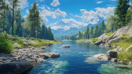 Stunning mountain river landscape featuring clear blue water and rocky banks surrounded by a vibrant pine forest