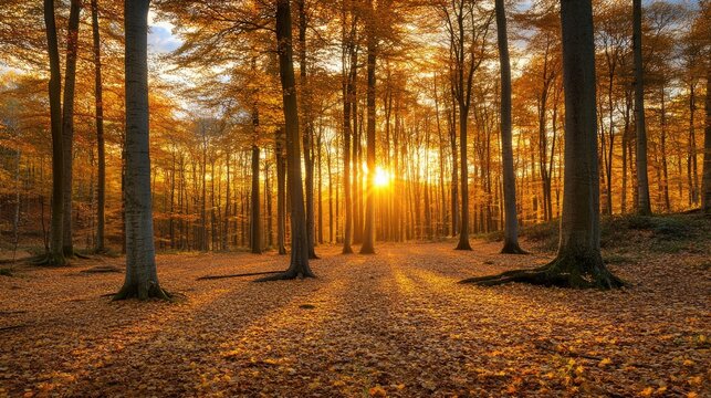 A serene autumn forest at dusk with golden leaves and soft light filtering through the trees under dramatic twilight skies