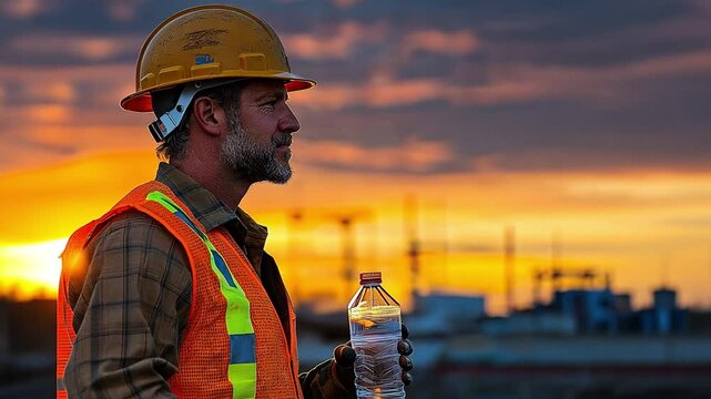 Construction worker at dusk clutching a bottle of water, overwork