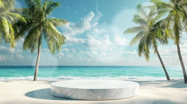 The product exhibition area is made of marble with a view of the beach surrounded by coconut trees. Seamless looping time-lapse virtual 4k video animation background
