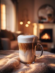 Latte With Foam In A Glass Mug By The Fireplace