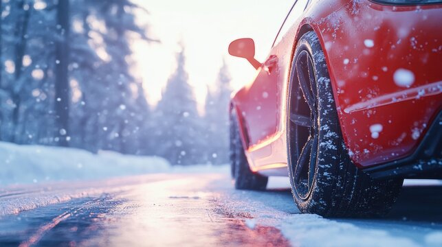 A vibrant red car on a snowy road, showcasing winter driving conditions.