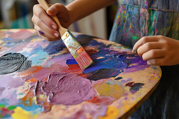 A person is painting a picture with a brush on a palette