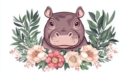 Obraz premium Cute pygmy hippopotamus with flowers, kawaii style, pastel colors, isolated on white background