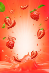 3d realistic vector vertical banner, strawberry juice splash, strawberry juice color background with flying leaves for your design, ads