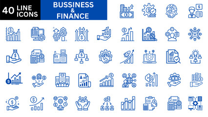 Business and Finance icon set. Containing loan, cash, saving, financial goal, profit, budget, mutual fund, earning money and revenue icons. Solid icons collection.