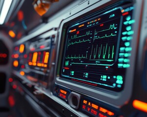 Close-up of a holographic patient monitor in a futuristic ambulance, glowing AI tools assisting with vital sign tracking