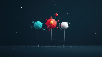 A stylized representation of the electron, proton, and neutron, showcasing their relative sizes and charges.